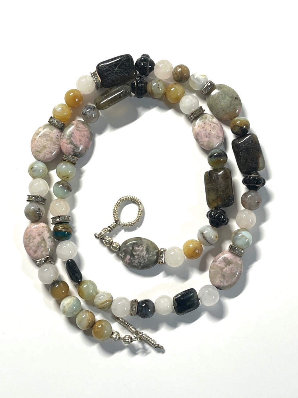 Artisan HandStrung Stone Rhodonite, Agate, Glass Bead Necklace Wire Wrap Clasp